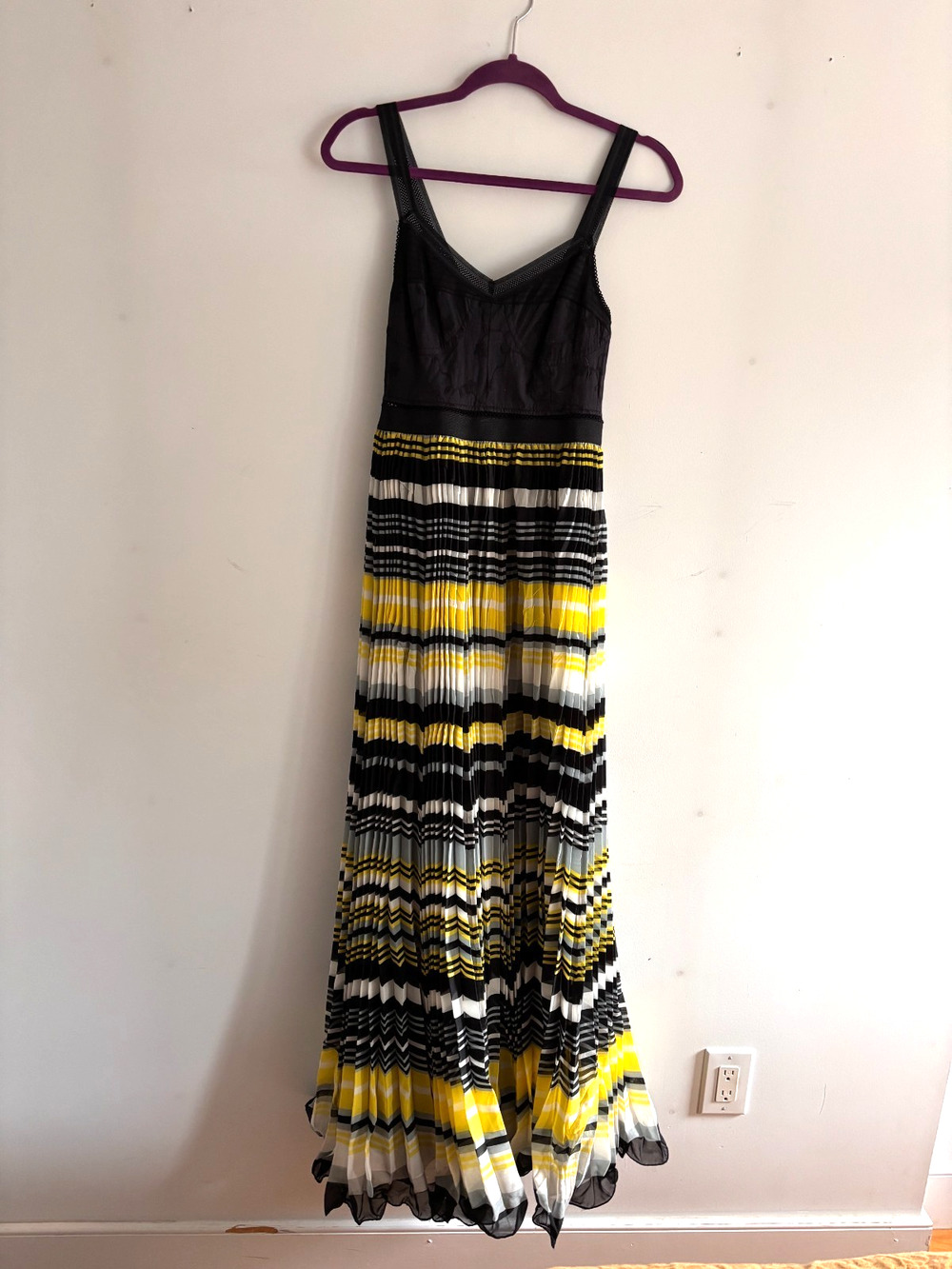 Free People Maxi Dress Womens 4 Black Yellow Striped Pleated Bustier Embroidered